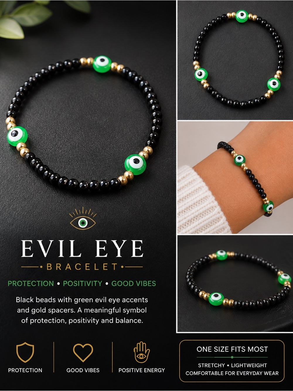 Evil Eye Bracelet — Black Beads with Green Accents #69